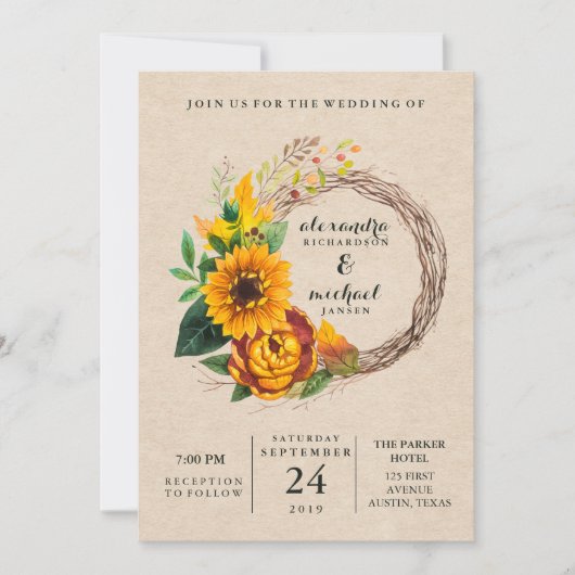 Rustic Kraft Kijk met Sunflower Wreath Weddenschap Kaart (Voorkant)