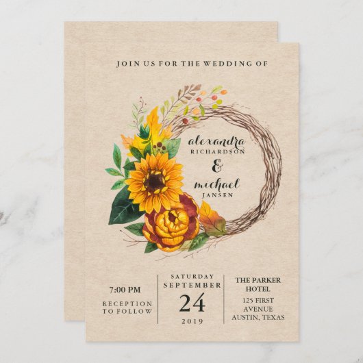Rustic Kraft Kijk met Sunflower Wreath Weddenschap Kaart (Voorkant / Achterkant)