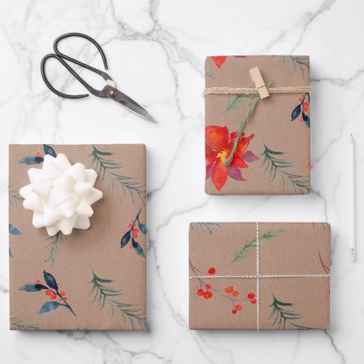 Rustic Kraft Kleur Wintergroen & Bessen Wrap Inpakpapier Vel (Voorkant)