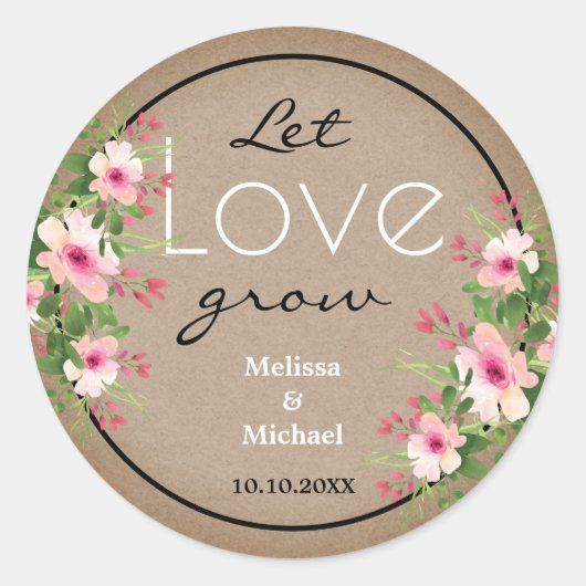 Rustic Kraft laat liefde bloemenbruiloft groeien Ronde Sticker (Voorkant)