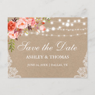 Rustic Kraft Lace Coral Floral Save the Date Aankondigingskaart