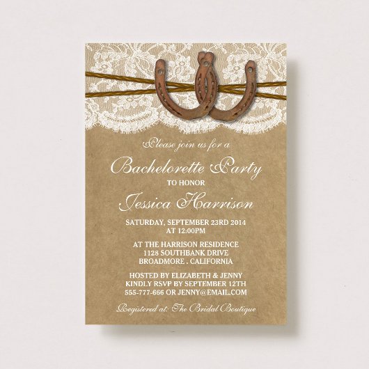 Rustic Kraft & Lace Hoefijzer Bachelorette Party Kaart