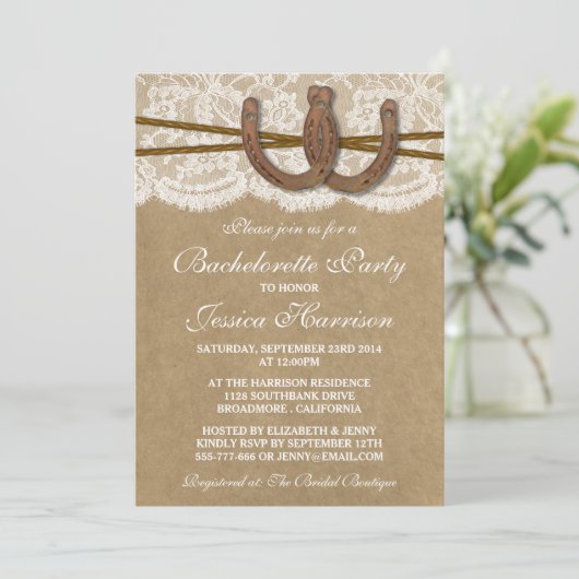 Rustic Kraft & Lace Hoefijzer Bachelorette Party Kaart (Staand voorkant)