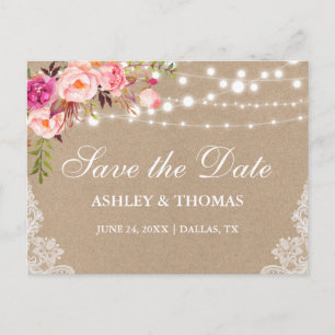 Rustic Kraft Lace Pink Floral Save the Date Aankondigingskaart