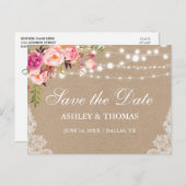 Rustic Kraft Lace Pink Floral Save the Date Aankondigingskaart (Voorkant / Achterkant)