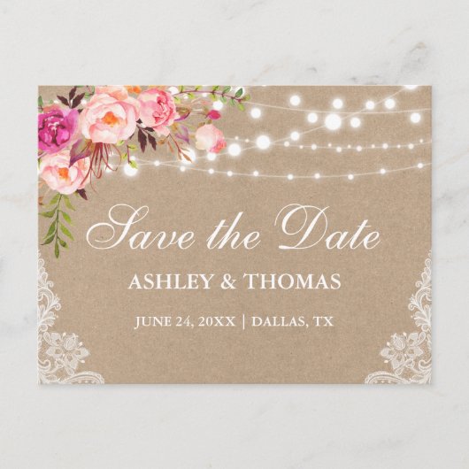 Rustic Kraft Lace Pink Floral Save the Date Aankondigingskaart (Voorkant)