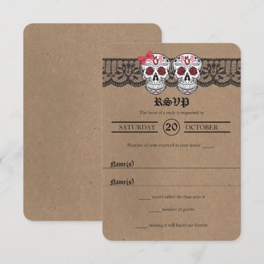 Rustic Kraft & Lace Sugar Skull Weddenschap RSVP-k RSVP Kaartje (Voorkant / Achterkant)