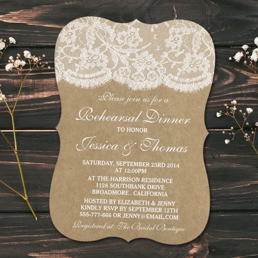 Rustic Kraft & Lace Wedding Rehearsal Dinner Kaart