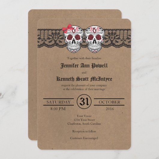 Rustic Kraft & LaceSugar Skull Wedding Invitations Kaart (Voorkant / Achterkant)