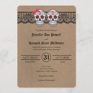 Rustic Kraft & LaceSugar Skull Wedding Invitations Kaart