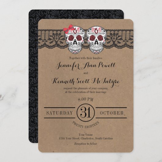 Rustic Kraft & LaceSugar Skull Wedding Invitations Kaart (Voorkant / Achterkant)