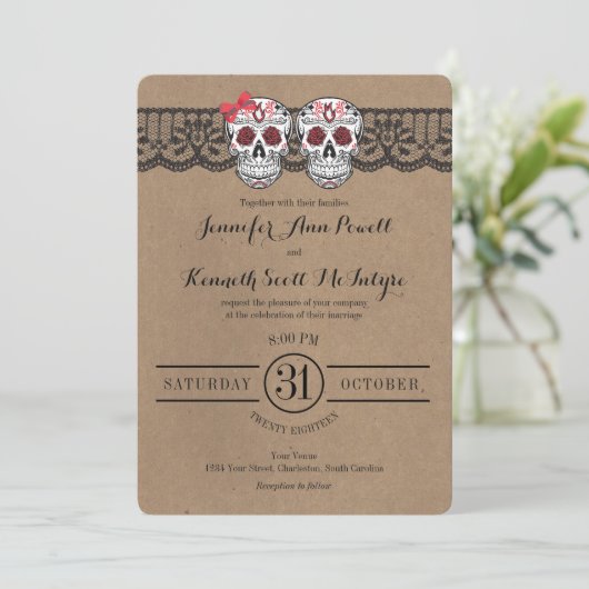 Rustic Kraft & LaceSugar Skull Wedding Invitations Kaart (Staand voorkant)