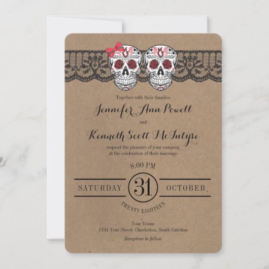 Rustic Kraft & LaceSugar Skull Wedding Invitations Kaart (Voorkant)