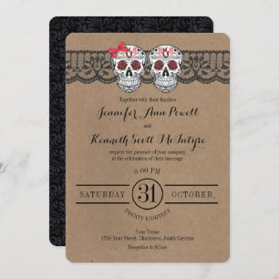 Rustic Kraft & LaceSugar Skull Wedding Invitations Kaart