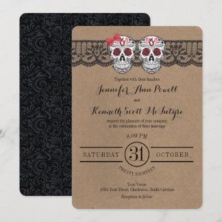 Rustic Kraft & LaceSugar Skull Wedding Invitations Kaart