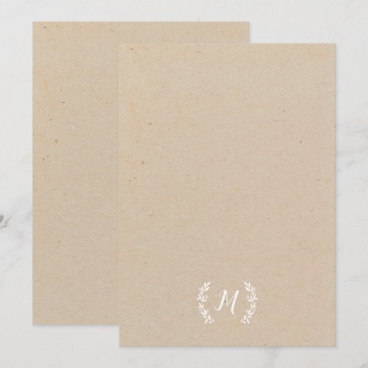 Rustic Kraft Laurel Wreath Monogram Notitiekaartje (Voorkant / Achterkant)