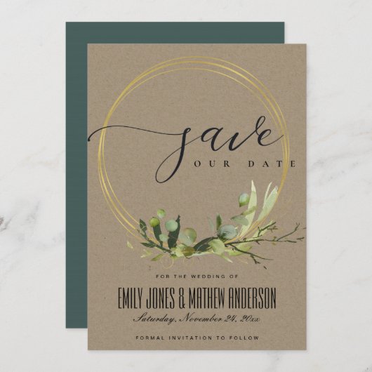 RUSTIC KRAFT LEAFY GREEN GOLD FOLIAGE WATERVERF SAVE THE DATE (Voorkant / Achterkant)