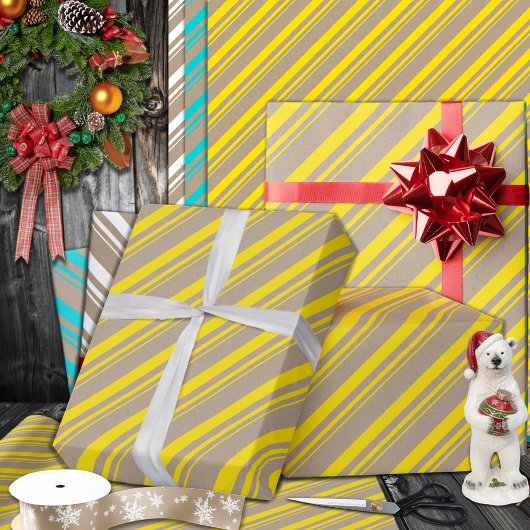 Rustic Kraft Lemon Yellow Stripes Vakantie Cadeaupapier