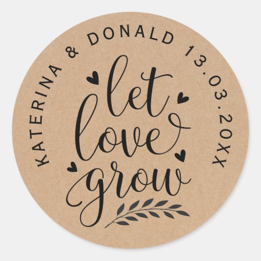 Rustic Kraft Let Love Grow Wedding Seeds Ronde Sticker (Voorkant)