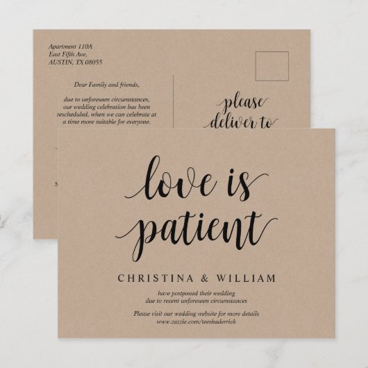 Rustic Kraft, liefde is geduldig, bruiloft uitgest Briefkaart (Voorkant / Achterkant)