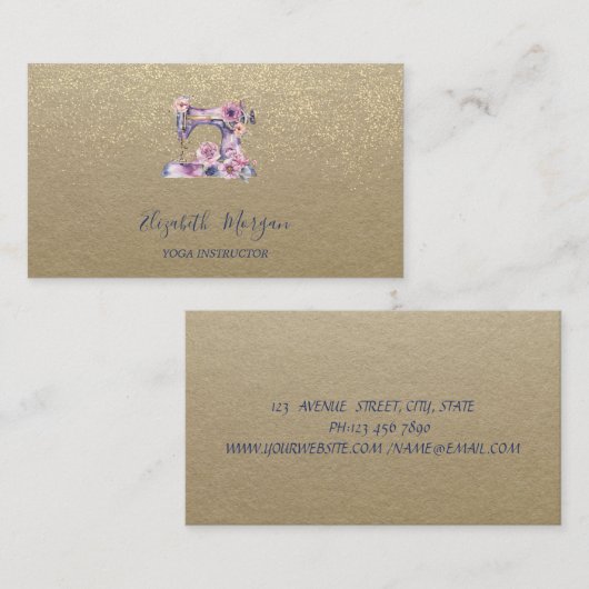 Rustic Kraft, Lotus, Gouden Confetti Naaimachine Visitekaartje (Voorkant / Achterkant)