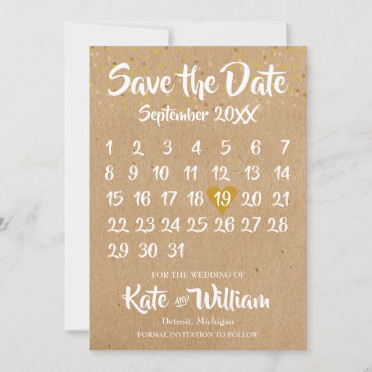 Rustic Kraft Love Heart Calendar Save the Date (Voorkant)