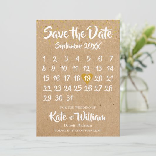 Rustic Kraft Love Heart Calendar Save the Date (Staand voorkant)