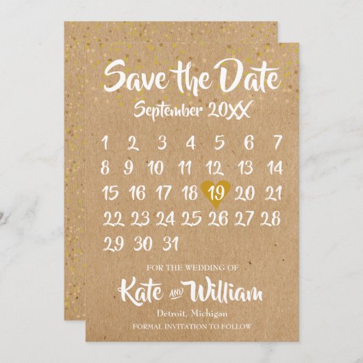 Rustic Kraft Love Heart Calendar Save the Date (Voorkant / Achterkant)