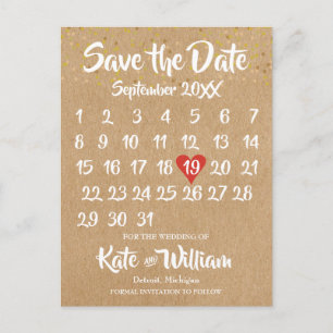 Rustic Kraft Love Heart Calendar Save the Date Aankondigingskaart