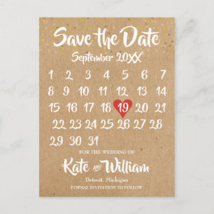 Rustic Kraft Love Heart Calendar Save the Date Aankondigingskaart