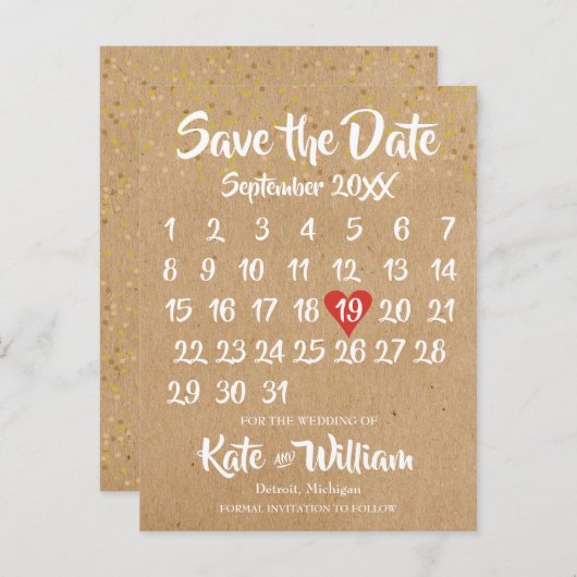 Rustic Kraft Love Heart Calendar Save the Date Aankondigingskaart (Voorkant / Achterkant)