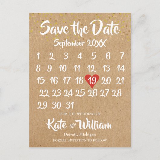Rustic Kraft Love Heart Calendar Save the Date Aankondigingskaart (Voorkant)