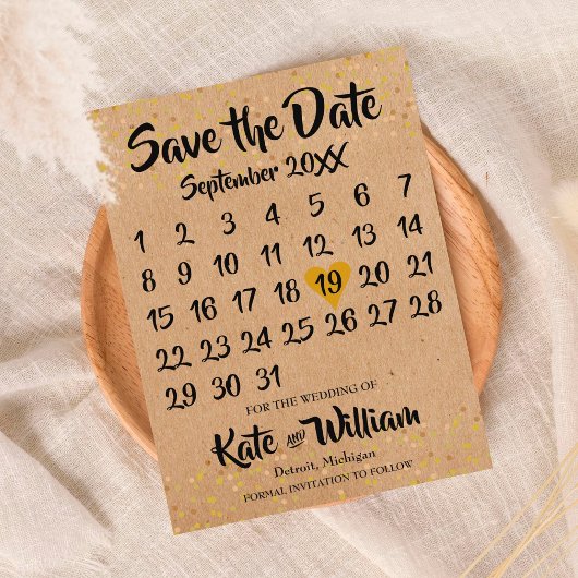 Rustic Kraft Love Heart Calendar Save the Date Aankondigingskaart