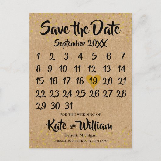 Rustic Kraft Love Heart Calendar Save the Date Aankondigingskaart (Voorkant)
