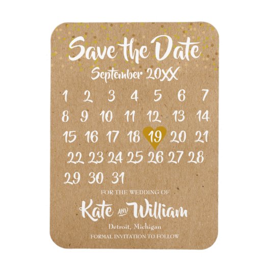 Rustic Kraft Love Heart Calendar Save the Date Magneet (Verticaal)