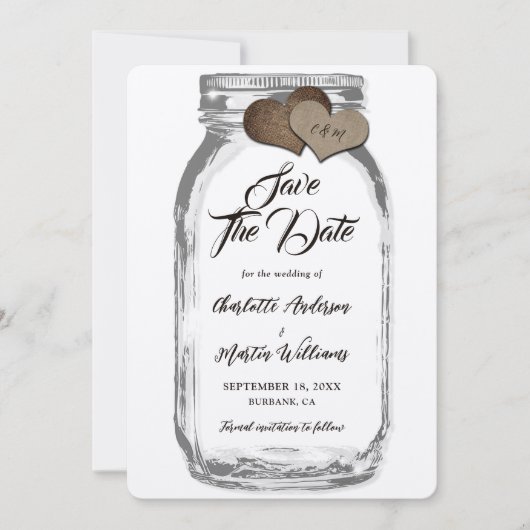 Rustic Kraft Mason Jar Burlap Hearts Wedding Save The Date (Voorkant)