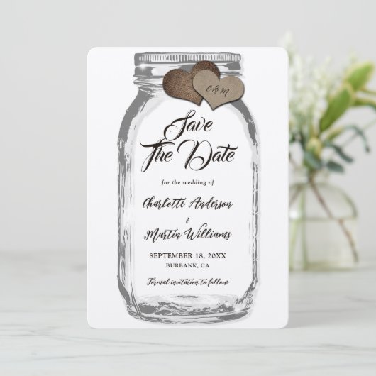 Rustic Kraft Mason Jar Burlap Hearts Wedding Save The Date (Staand voorkant)