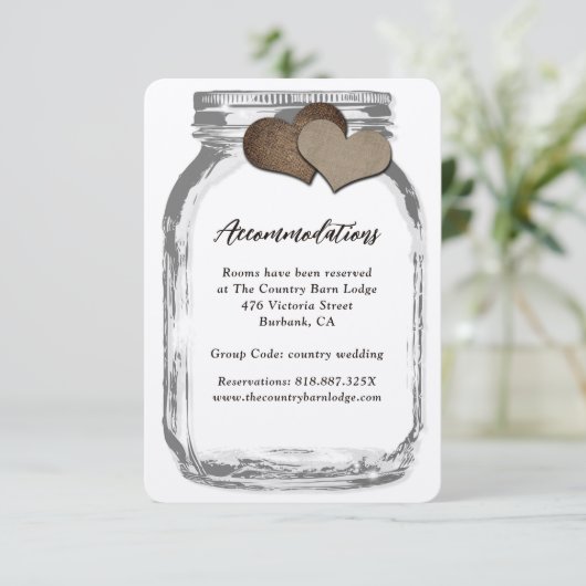 Rustic Kraft Mason Jar Hearts Accommodatie Kaart (Staand voorkant)