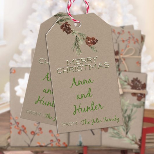 Rustic Kraft Merry kerstpine komt op kantoor Cadeaulabel