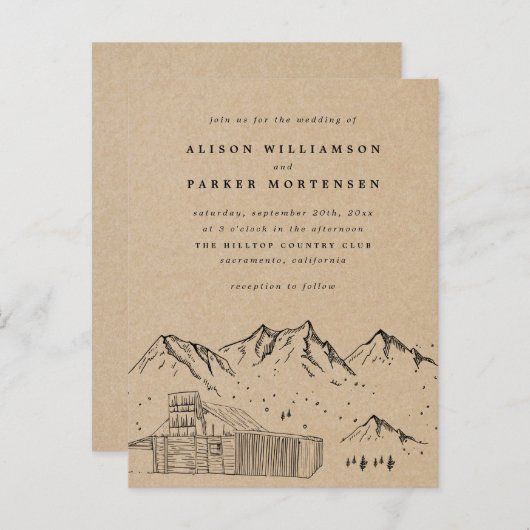 Rustic Kraft met de hand getrokken bergen & Hut We Uitnodiging Briefkaart (Voorkant / Achterkant)