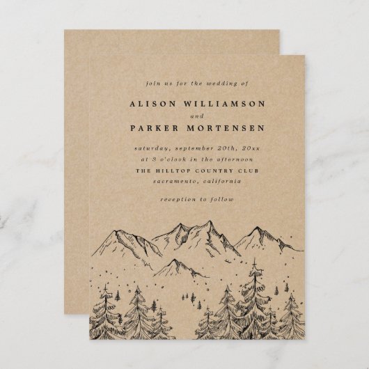 Rustic Kraft met de hand getrokken bergen & Trees  Uitnodiging Briefkaart (Voorkant / Achterkant)