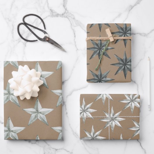 Rustic Kraft Metal Scandinavian Holiday Star Inpakpapier Vel (Voorkant)