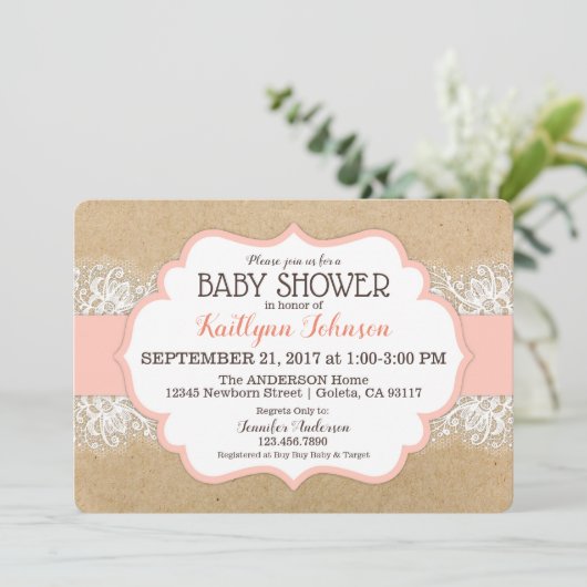Rustic Kraft Modern Lace Coral Girl Baby shower Kaart (Staand voorkant)