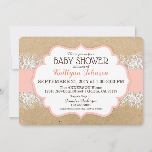 Rustic Kraft Modern Lace Coral Girl Baby shower Kaart (Voorkant)