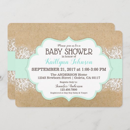 Rustic Kraft Modern Lace Zee Foam Baby shower Kaart (Voorkant / Achterkant)