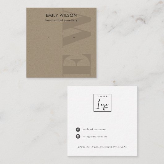 Rustic Kraft Monogram Stud Earring Display Vierkante Visitekaartje (Voorkant / Achterkant)