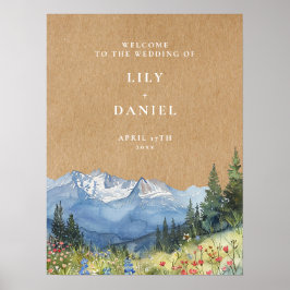 Rustic Kraft Mountain Floral Wedding Welcome Sign Poster