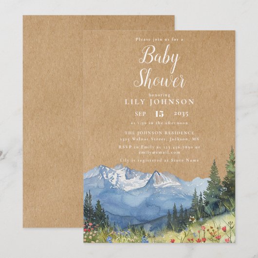 Rustic Kraft Mountain Wildflower Baby shower Kaart (Voorkant / Achterkant)