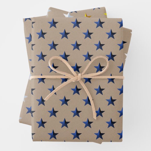 Rustic Kraft Navy Gold Silver Stars Kerst Inpakpapier Vel (In situ)