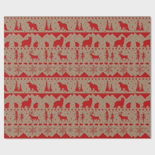 Rustic Kraft Nordic Sweater Red Winter Animals Cadeaupapier (Vlak)